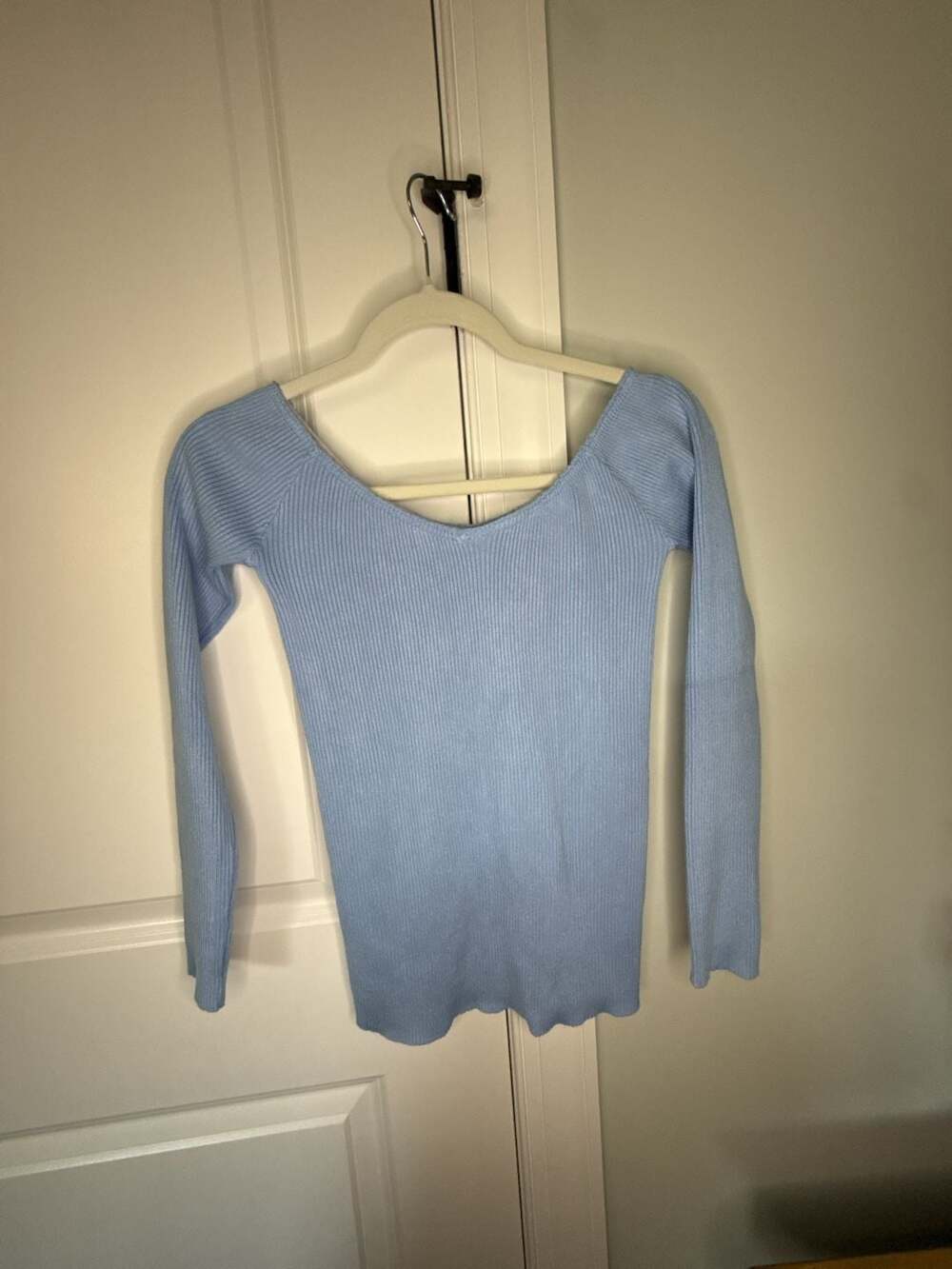 Pink Lily Light Blue Ribbed Scoop Neck Long Sleeve Top